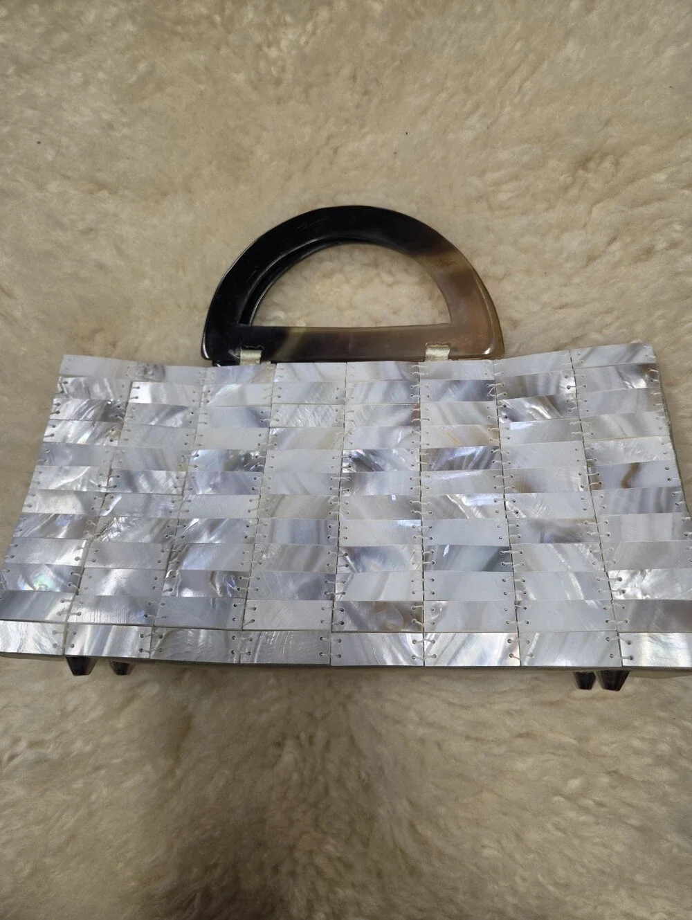 Mad Bags Mother of Pearl Tile Purse Tortoise Handle Shell Clutch Bag MOP Y2K